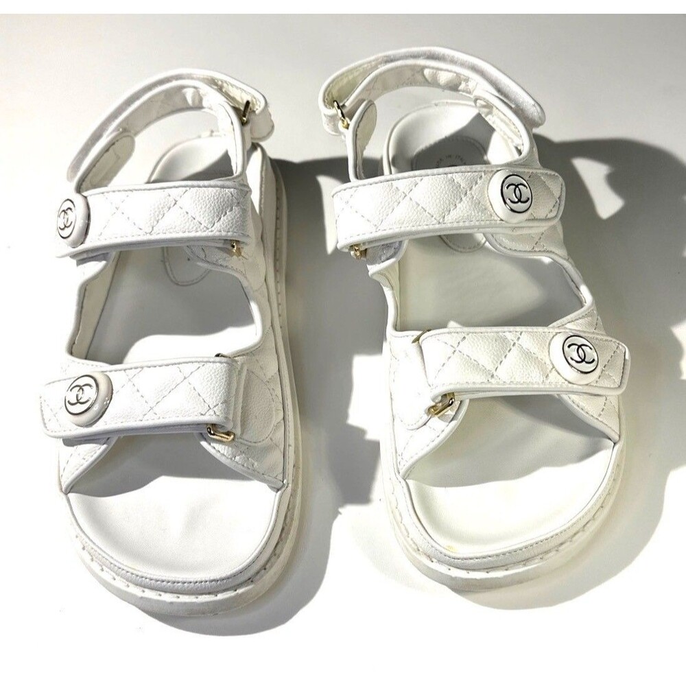 Chanel Womens Dad sandals White Quilted Leather straps Golden Logo Size 8